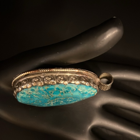 Turquoise XL Carved Handcrafted Tibetan Pendant - Picture 4 of 5